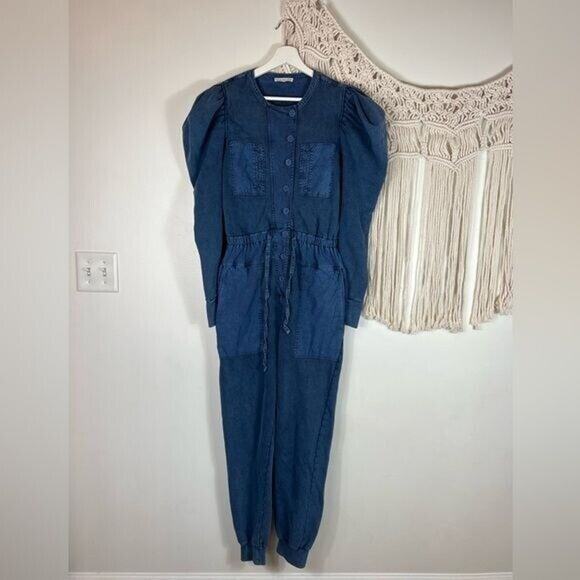RTR Sz Medium M 8-10 Ulla Johnson Denim Blue Sadie Jumpsuit puff sleeve 1 pc - Picture 2 of 5